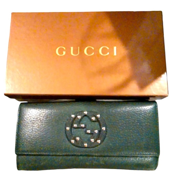 Gucci  Leather Logo Soho Studded Wallet - Dark Green Original Box w/ wrap!EUC​ - Picture 1 of 7